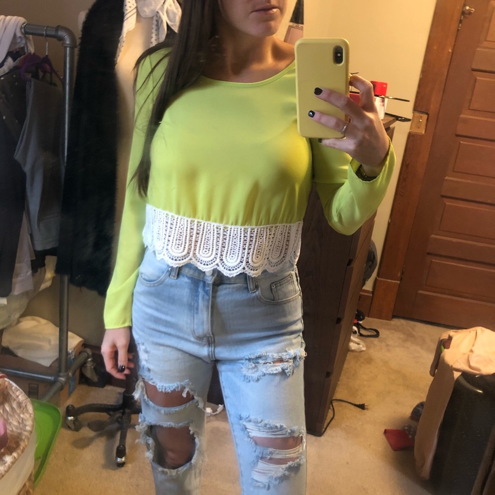 B Sharp Lime Green Crop Blouse w White Lace